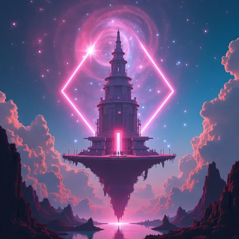 A surreal, four-dimensional being shifting through space and time, existing in multiple places at once. Glowing neon portals, floating islands, and gravity-defying structures create a dreamlike, futuristic world. Cosmic lights swirl around, revealing hidde...