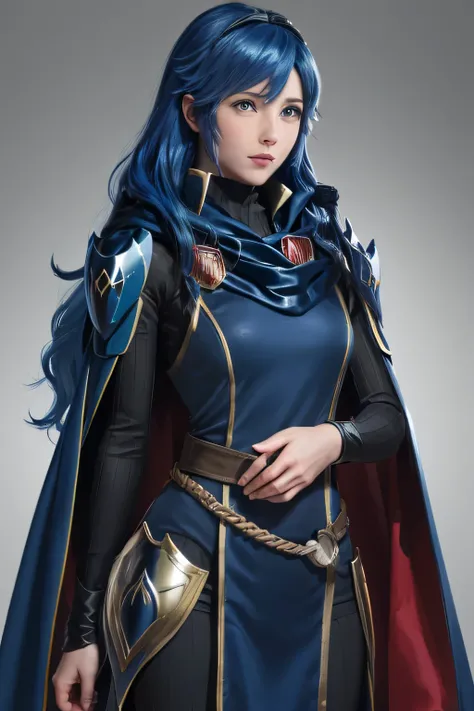  perfect anatomy　 top quality, highest resolution,((( shiny armor　Cape　shiny blue hair 　 long hair)))　Lucina　 Fire Emblem Awakening　flat chest