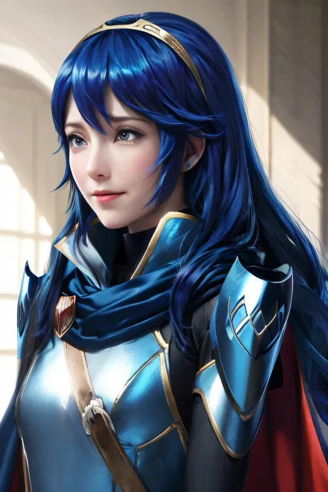  perfect anatomy　 top quality, highest resolution,((( shiny armor　Cape　shiny blue hair 　 long hair)))　Lucina　 Fire Emblem Awakening　flat chest