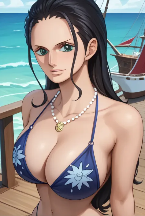 ((NICO ROBIN:1.3)), (Masterpiece), Top Quality, Expressive Eyes, Perfect Face, Front Light, 16th Century, (Outside Background of Wooden Sailing Ship at Sea), (Standing), (Fascinating Look), (Chest cleavage), (1 girl, MILF, Latina), black hair, long black h...