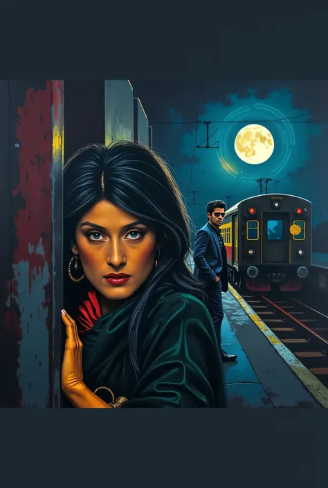 "Create a stunning, highly detailed, and visually captivating cinematic scene for a Bangladeshi thriller mystery Movie scene. The trilling cinematic scene should depict an authentic, bustling, and vibrant Bangladeshi railway platform under a luminous full ...