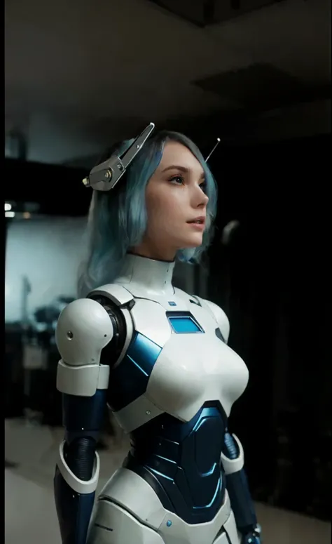 a close up of a woman in a white and blue costume, cyborg - girl with silver hair, elle fanning as an android, echo from overwatch, as a retro futuristic heroine, beutiful white girl cyborg, perfect android girl, realistic cosplay, beautiful female android...