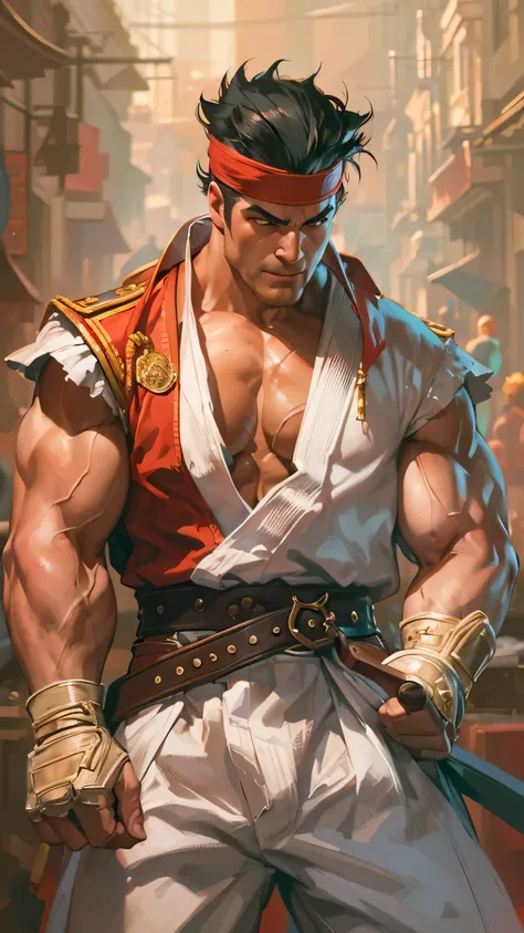  in high definition、 Portrait of  (sksman) In a good mood,  Street Fighter, attraCtive male, CharaCter design, dynamiC lighting, Cool and bright tint,  a scene from the Gaston movie, Craig mullins, Gun.  Leyendecker, Colonel Gail 。