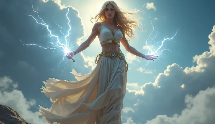 Sexy female representation of Zeus.The entire figure is visible. She is standing on top of Olympus. She is holding lightings.