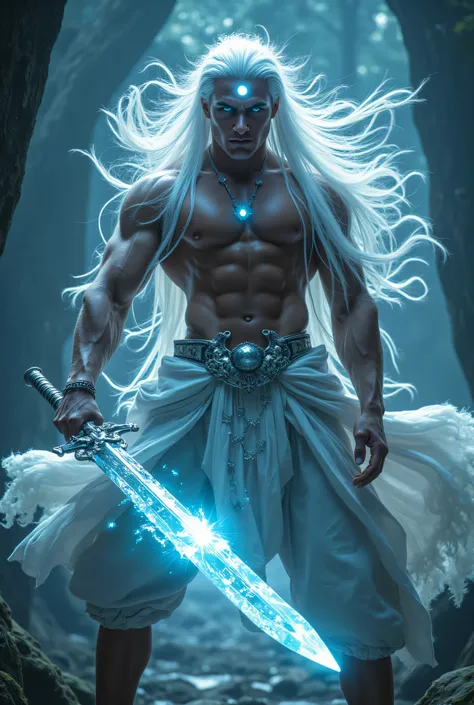 Create an ultra-realistic, highly detailed full-body portrait of a strikingly handsome 25-year-old supervillain with the ability to read minds. He has long, flowing white hair that enhances his ethereal yet intimidating presence. His eyes are pure crystal ...