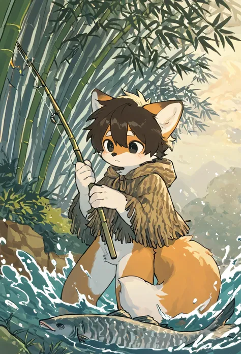 source_ furry， furry male，elementary school students，((boy)),fox boy,short hair,masterpiece, newest,absurdres, incredibly absurdres, bright eyes, detailed eyes,short hair， Furry dog boy, traditional suo li straw cloak, fishing by riverside, excitedly catch...