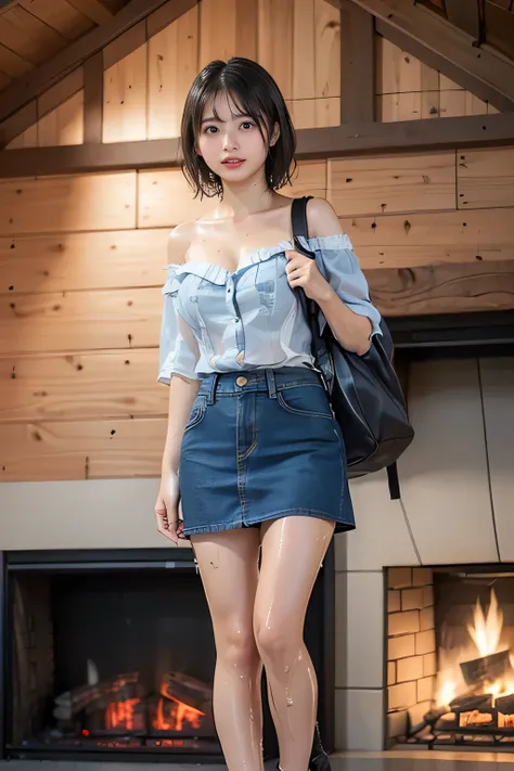 ( top quality),  Masterpiece:1.2,  Ultra A High Resolution , ((Full body shot :1.4))、(( taken from below:1.4))、 photorealistic:1.4,  RAW Photo, ((In front of the fireplace in a dark mountain cabin:1.4)), (( white strapless bra wearing a white petticoat:1.4...