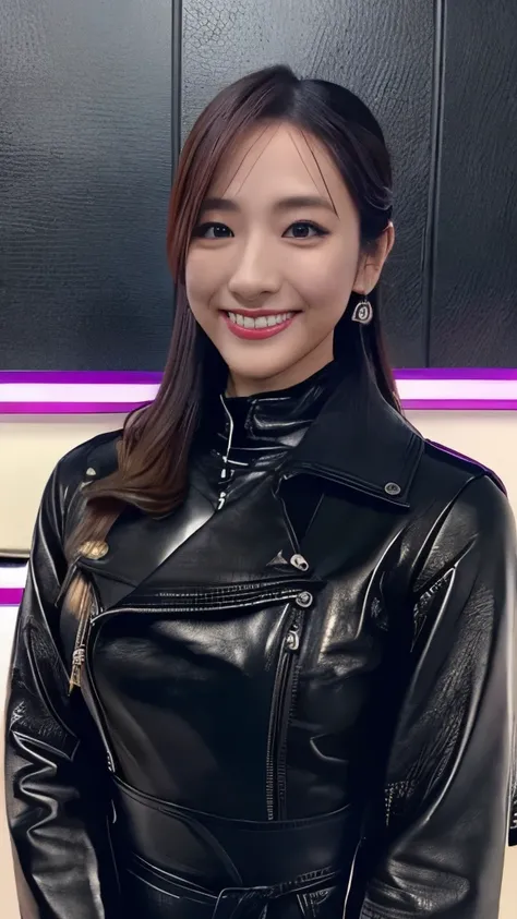 glossy black leather biker jacket, Black leather gloved fingertips on both hands,Wearing black leather gloves,Sitting in a black leather chair、 Japanese female new recruits (Black leather gloves cover both hands) (The angle is horizontal)、Black Leather Pan...