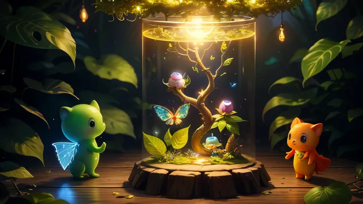 Fantasy in the glass, "ethereal roses, cute slime animals, glowing little mushrooms surrounded by delicate leaves and branches, and fireflies and glowing particle effects, girl", (Natural elements), (Jungle theme), (Leaves), (Branches), (fireflys), butterf...