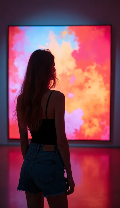  space in a famous and renowned avant-garde modern illuminated contemporary art gallery The walls are adorned with a large painting hanging in the foreground, The painting is abstract ,  which gives it a modern and bold look .A beautiful woman with her bac...