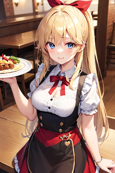 Masterpiece,  top quality,  Ultra Detailed, 8K, Anime, (Aino Minako), blue eyes, charming smile:1.2, blonde long hair with red ribbon, Heart-shaped name plate:1.2, A bib apron with a wide opening at the chest:1.4, Wine red apron), anna miller:1.4, restaura...