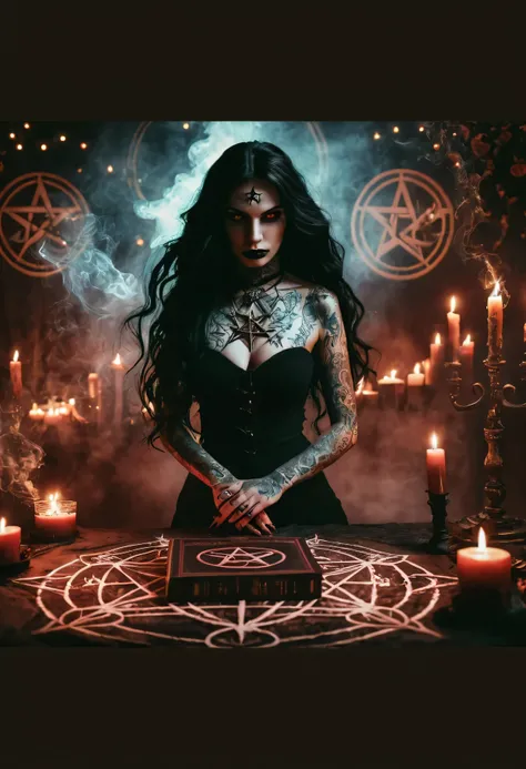 gothic woman with tattoos and a pentagram surrounded by candles, wicca, demonic magic ritual, the witch conjure, home wicca scene, spell casting, occult ritual, black magic spells, magick, satanic ritual, dark fantasy esoteric, pagan occultism, occult aest...