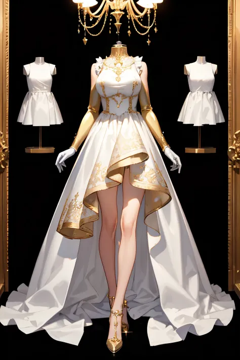 white dress, sleeveless dress, ruffles, gold decorations on dress, dress with gold inserts, dress on mannequin