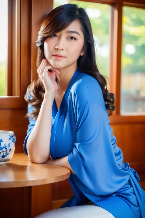 Sitting on side chair, (blue kimono), flower motif kimono, chubby face, looking at camera, front view, black hair, long hair, bangs, (detailed face), at japanese temple, tempting pose, potrait body, mouth closed, black eyes, 1 girl, 20yo,Young female,Beaut...