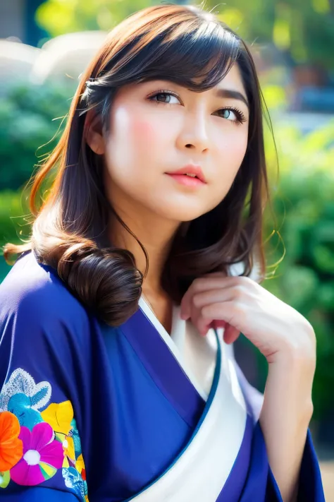 glitter lips, (blue kimono), flower motive kimono, chubby face, looking at camera, front view, black hair, long hair, bangs, (detailed face), at japanese temple, tempting pose, potrait body, mouth closed, black eyes, 1 girl, 20yo,Young female,Beautiful Fin...