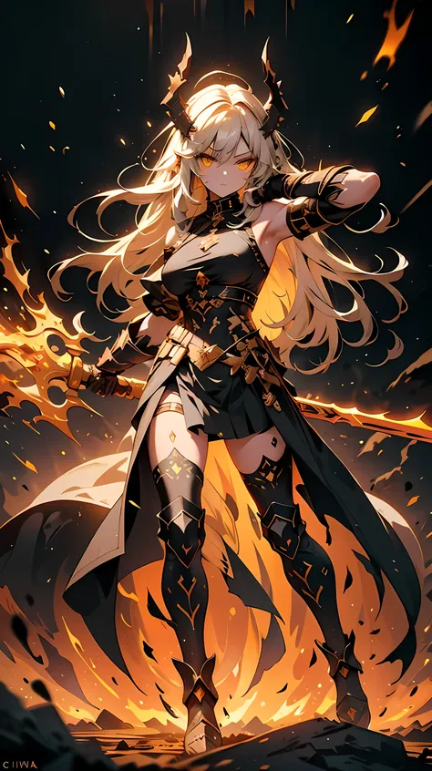 A warrior with long white hair , slightly messed up by the wind , and intense yellow eyes . Your body is strong and toned, but covered by an imposing black Spartan armor with gold details . She is holding a large medieval spear with a black handle and fl...