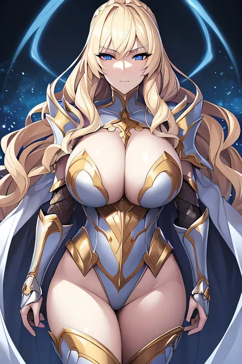 A highly detailed portrait of a tall, elegant British magical knight woman with long, wavy blonde hair and sharp eyes, wearing a silver plate armor with gold patterns. Her armor exposes her thighs and upper arms, emphasizing both practicality and elegance....