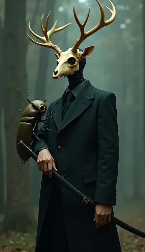 The man is wearing a black suit and covering a cream-colored coat beetle with a head that is the skull of a deer and is holding a samurai sword.