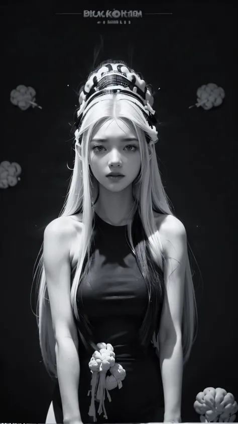   Highest& Masterpiece,Ultra HD 4K,((black and white brainstorm photo :1.6)),((white straight, slightly tousled hair, long hair without ornaments:1.4)),Adult Girl ,open shoulder one piece dress  