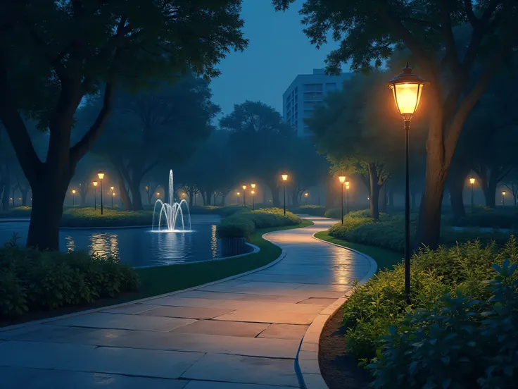 A path in the park at night, lamp lights along the path, a fountain nearby