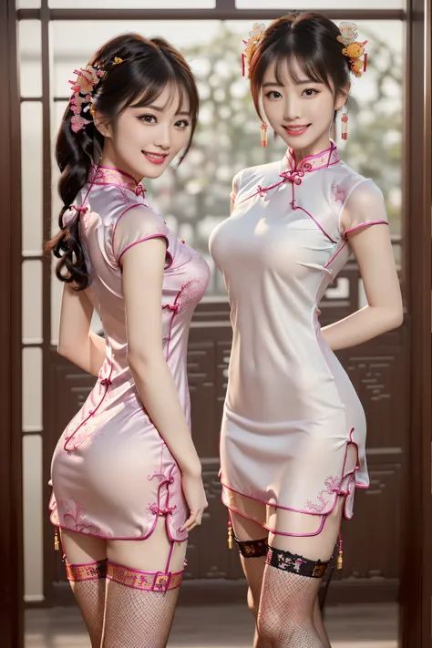 (ultra best quality、超A high resolution、８ｋ、​masterpiece:1.3)、Beautiful Women in Perfect Figure:1.4、、Black hair、((Cheongsam in fishnet stockings))、((((((No background)))))、kawaii、extremely detailed face and skin、Detailed eye、Double eyelids、Skinny Legs、erotic...