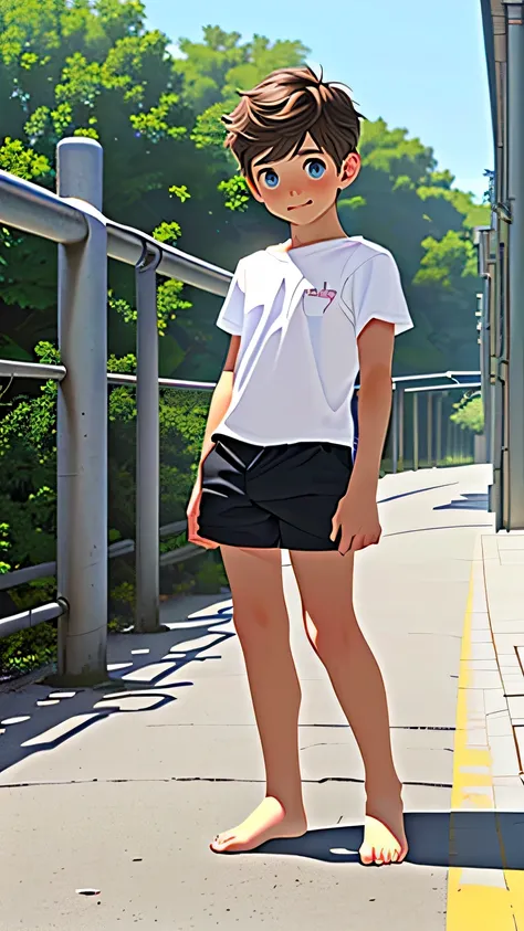 ((Full Body length image)), (((Safe for work))) (((full body shot))), Beautiful  boy with freckles, correct anatomy, just wearing shirt and shorts,, looking at viewer, Tan lines, (natural dark blue Eyes color), slender underdevloped  body shape, medium wav...