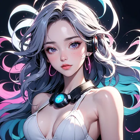 Beautiful girl with striking black eyes, colorful wavy hair, glowing white skin, detailed fractal art elements, dynamic pose, no background, glowing skin, colorful, earrings, headphones , bright colors, DJ, K-Pop idol