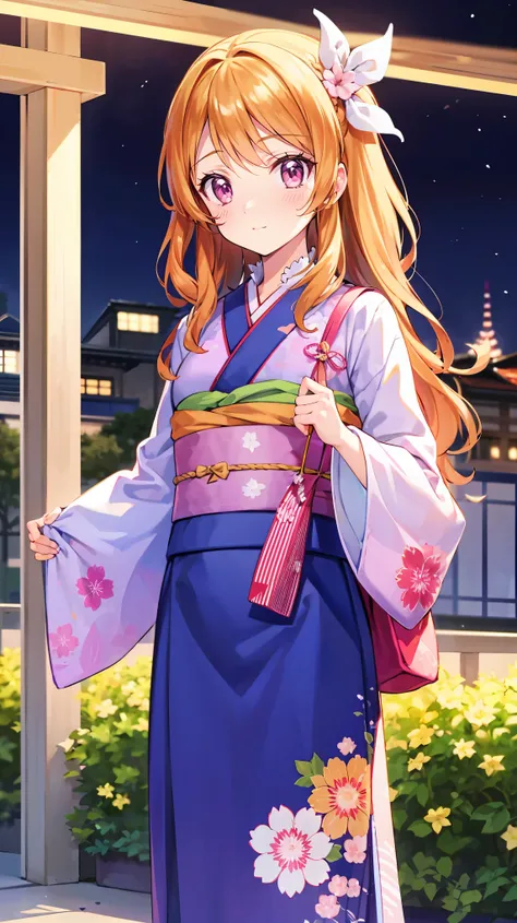  Masterpiece,  top quality,  super detailed,  in detail,  Hi-Res,  8k wallpaper,  the background is white ，1 person，Tanabata Day ，I'm pretending to be Orihime。， I'm wearing a Japanese robe and kimono 。Night view at night， perfect body， orange hair， pink ey...