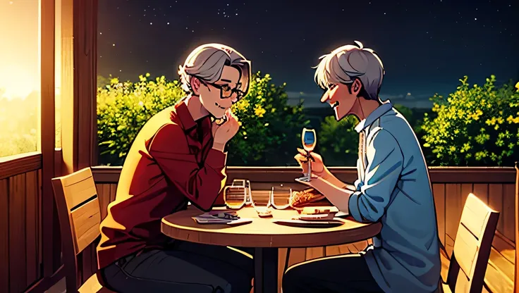 An elderly couple is laughing joyfully at a small garden party. The husband has salt-and-pepper hair, a kind face marked with deep wrinkles from years of life, and eyes filled with love as he gazes at his wife. He wears a light-colored shirt and holds a gl...