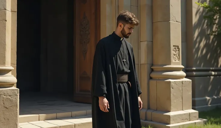 Picture a young bearded priest walking out of their temple with his head down. He wears black priestly clothes