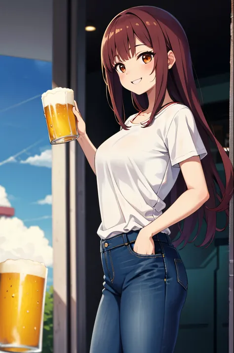 Woman Jeans T Shirt Apartment Long Brown Red Hair Smile Smile Can Beer