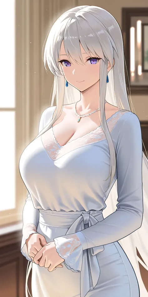 Masterpiece, elegant mature woman, enterprise (azur lane), tall body, casual clothes, long sleeve shirt,  upper body, home, dynamic lighting, ultra detailed, highres, absurdres, azur lane art style,new design and royal looks, background light blue, bride c...