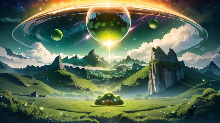  a giant mirror ball floating in space , Twinkling lights, A sad hamster gets lost  ( a heavenly green field surrounded by mountains and clouds:1.3),  Particles in the air , Divine Light,  background ,  Complex Fractals ,  detailed, (illustration),  master...