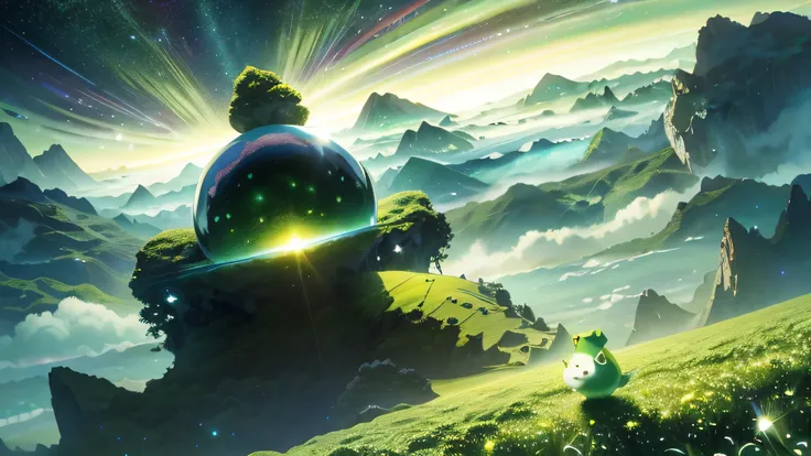  a giant mirror ball floating in space , Twinkling lights, A sad hamster gets lost  ( a heavenly green field surrounded by mountains and clouds:1.3),  Particles in the air , Divine Light,  background ,  Complex Fractals ,  detailed, (illustration),  master...