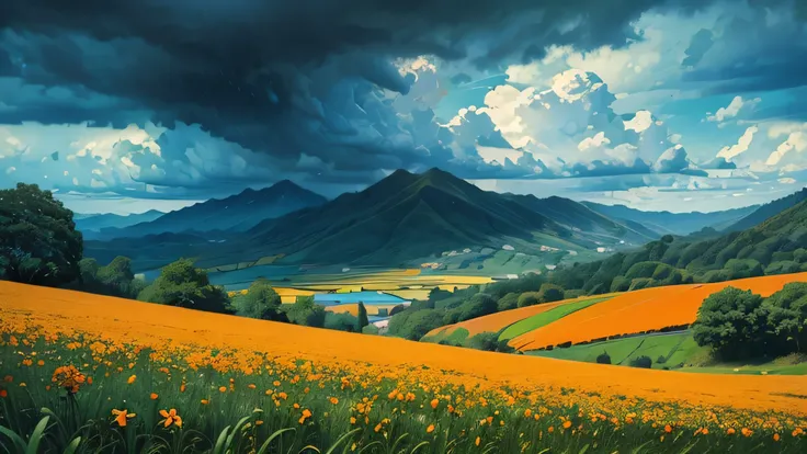 (( masterpiece:1.4),  extremely detailed,   Best Quality ,  8,000,  Ultra HD),  huge orange flower field , light blue sky,  dark blue sky ,   stormy weather  ,  calm atmosphere ,  green hills in the background , Raindrops on leaves , True,  Renaissance pic...