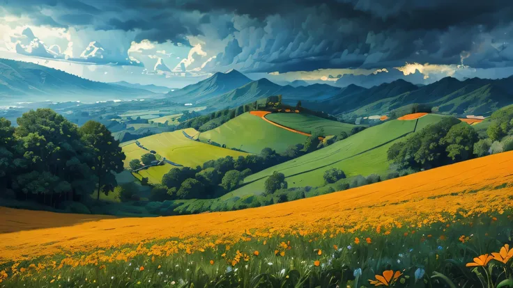 (( masterpiece:1.4),  extremely detailed,   Best Quality ,  8,000,  Ultra HD),  huge orange flower field , light blue sky,  dark blue sky ,   stormy weather  ,  calm atmosphere ,  green hills in the background , Raindrops on leaves , True,  Renaissance pic...