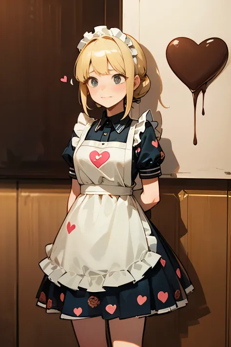 high quality, detailed, blonde pretty 13yo girl, wear food-theme apron-dress, chocolate print, standing, have heart shaped chocolate in hand, embarrassed face, french garden, waist shot, double exposure,