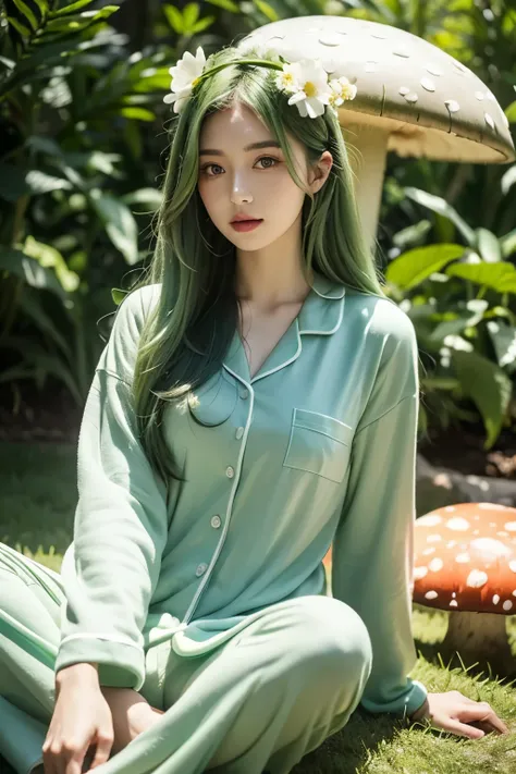  pretty girl with green hair ,  long hair ,  green eyes, with a white flower in her hair, green pajamas , Sitting on the giant mushroom
