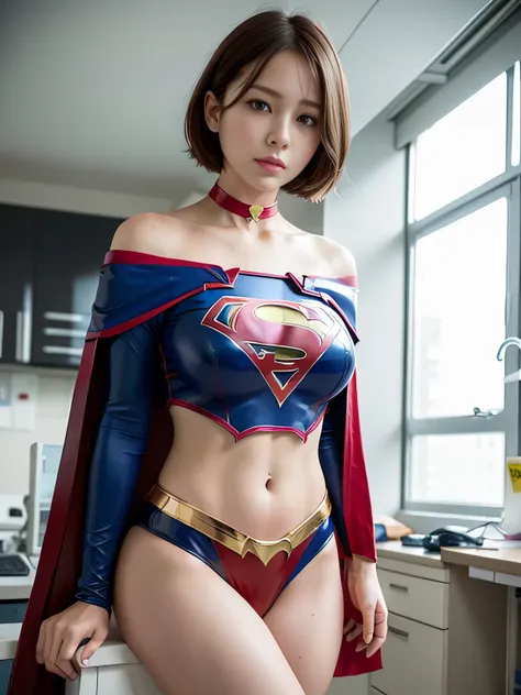  Masterpiece、Latex Supergirl Costume、 off the shoulder on the head、Ultra short hair、 big, rich breasts 、 Shiny Sweaty Skin 、 facing directly、 choker、Provocative cleavage、 Long Sleeve、Cape、Glamorous bare legs、 in front of laboratory equipment in hospital ro...