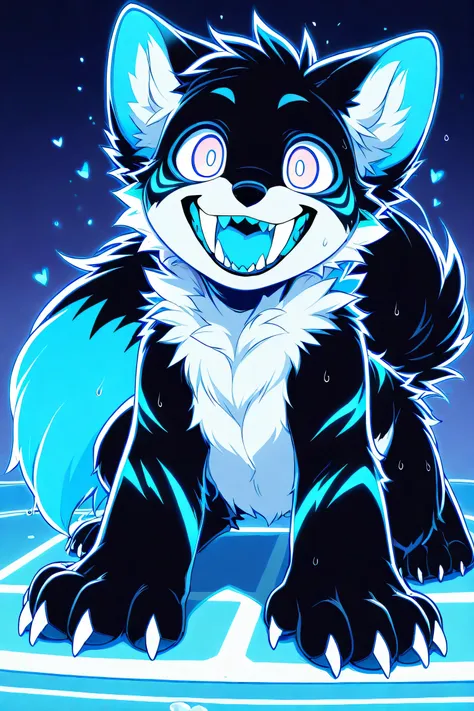 (((Feral))), male, fluffy fur, solo, attractive body, big tail, big paws, claws, ((big fangs)), (((white belly))), (((black fur))), (((blue neon fur markings))), cub, young, colored, crazy smile, floating hearts, chest fluff, fluffy hair, back fluff, leg f...