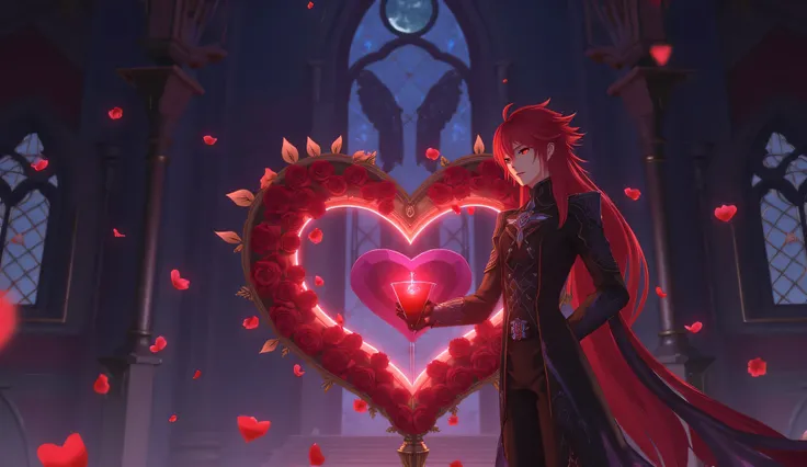 Valentine's Day in the style of Genshin Impact. In the center is an elegant heart surrounded by a soft mystical glow. The heart floats in the air ,  like an artifact ,  emitting magic particles .  Red roses with dew drops are swirling around ,  black lace ...