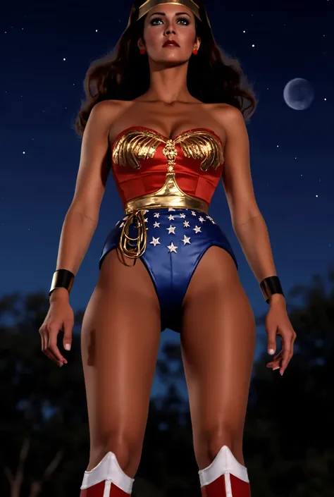 LINDA CARTER IN THE ROLE OF A WONDER WOMAN. sexy pose, night, 4K 8K, full body shot, red boots