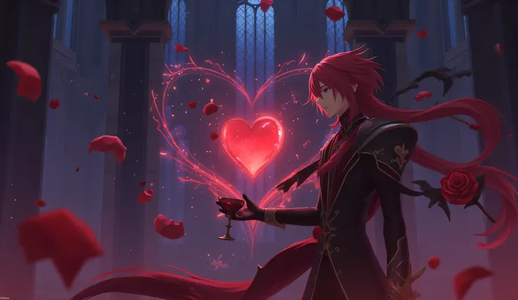Valentine's Day in the style of Genshin Impact. In the center is an elegant heart surrounded by a soft mystical glow. The heart floats in the air ,  like an artifact ,  emitting magic particles .  Red roses with dew drops are swirling around ,  black lace ...