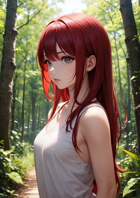  score _8_arriba, BREAK, 1 girl, Alone , Tayuya,  Red Hair,  long hair,  brown eyes, yours,  up by body,  outdoor, forest,  arms at the sides,