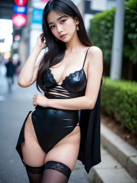 (Best quality, Masterpiece, Ultra High Resolution, (Photorealistic:1.4), Raw Photo, depth of field, professional lighting), at street, 1girl, 15-years-old, the most famous Japanese idol, ((wearing cutest outfits in the world)), (((standing, model pose))), ...