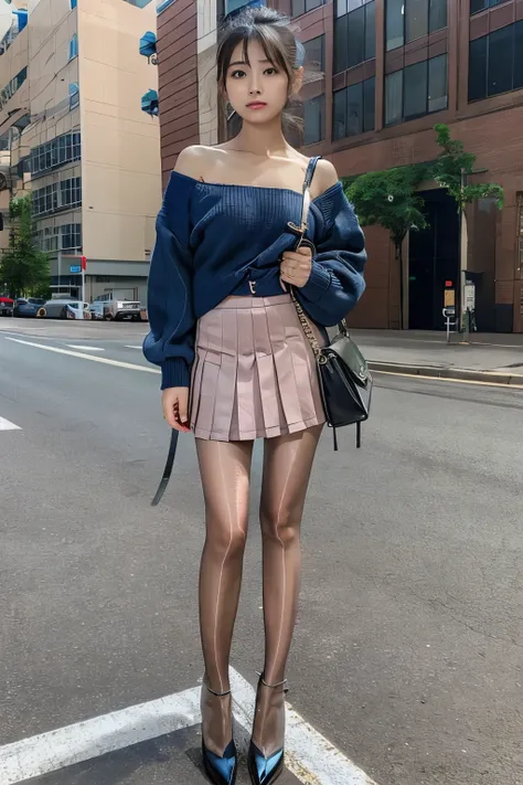 Photorealistic taste、very cute, 1 Japanese girl, pink sweater, pleated gray very short mini skirt, black pantyhose, shiny pantyhose, high heel boots, whole body (highest quality), ponytail
