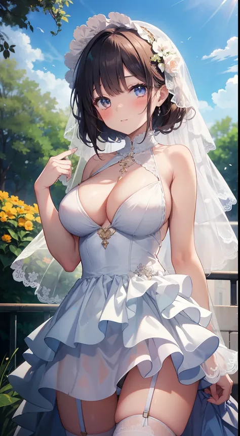 masterpiece, high resolution, 1girl, large full breasts, models, Cute anime illustration, blush, cowboy shot, garden, layered wedding dress, white thigh highs