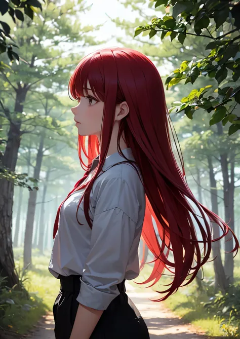  score _8_arriba, BREAK, 1 girl, Alone , Tayuya,  Red Hair,  long hair,  brown eyes, yours,  up by body,  outdoor, forest,  arms at the sides,