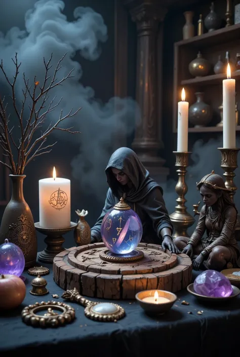 dark magic, without a person, modern witchcraft,  witchcraft table, magical power energy, witch attributes and figurines,  Magic symbols , 8k,  mystical atmosphere,  magical atmosphere, ultra details,