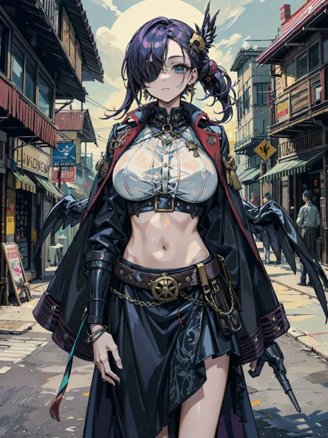 cowboy shot, looking at viewer, earring, (very huge round breasts), medium hair, half updo, hair ornament, black hair, Practical pirate clothing, Long-sleeved pirate top, Skirt, coat, midriff, black cape, parrot, half eyepatch, prosthetic arm, leather belt...